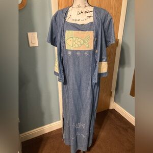 Sugar Blue Denim Sheath Dress with Jacket featuring Fish appliqué and paint